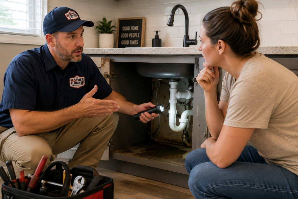 Plumber explaining an under-sink plumbing repair to a homeowner