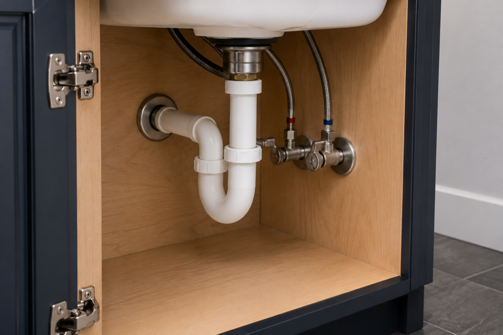 Bathroom sink drain, P-trap, shutoff valves and water supply lines beneath a vanity Caption: Leave blank