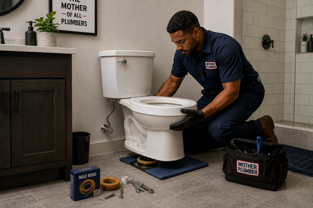 Residential toilet being inspected for repair and replacement