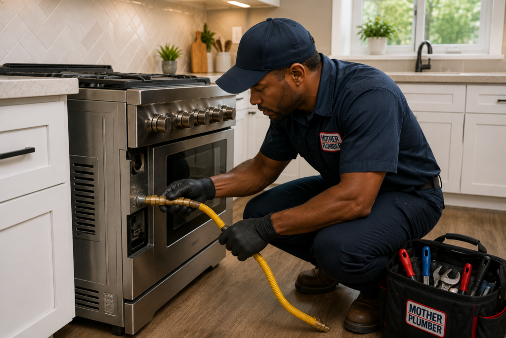 Plumber connecting residential gas line to a kitchen range