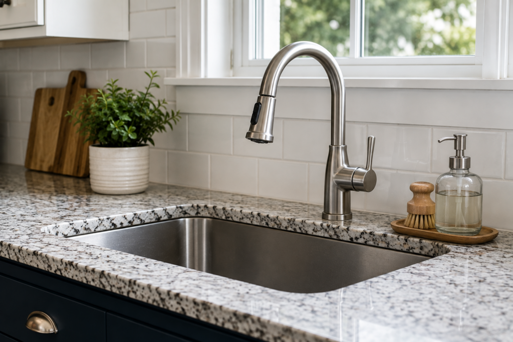 Modern kitchen sink and faucet representing residential faucet and sink installation