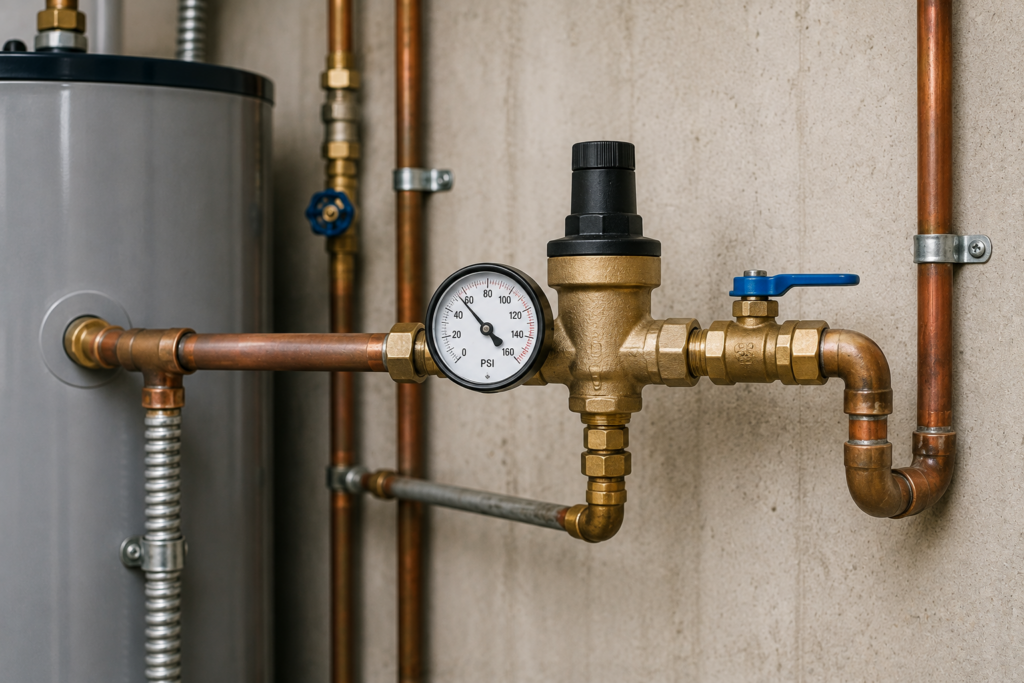 Residential water pressure regulator and gauge connected to copper plumbing lines