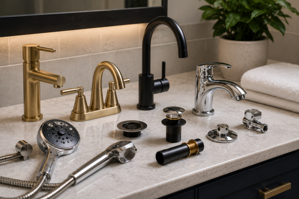 Selection of modern faucets, showerheads, drains and plumbing fixtures displayed on a countertop