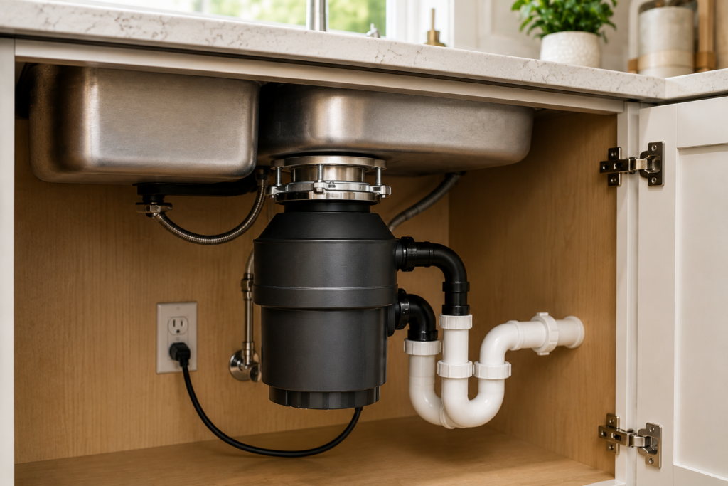 New garbage disposal installed beneath a residential kitchen sink