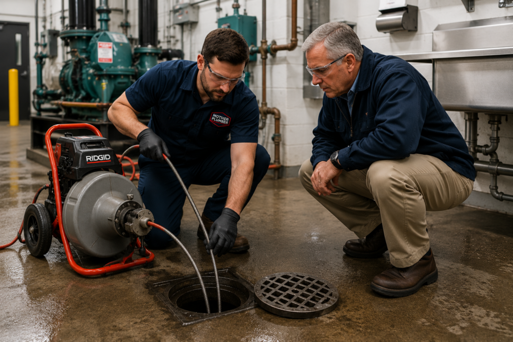 Commercial male plumber clearing a clogged floor drain while a facility manager observes