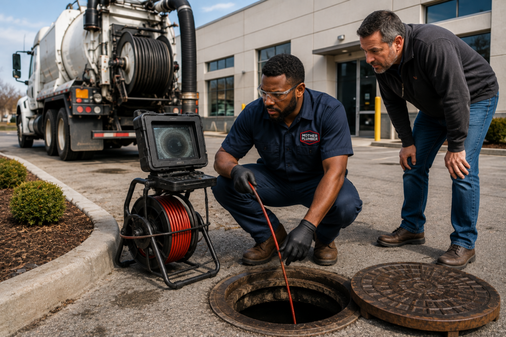Commercial plumber inspecting a sewer line with professional diagnostic equipment at a commercial property