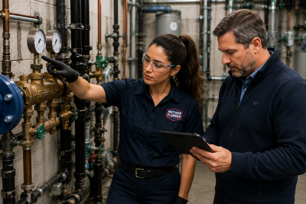 Commercial plumber and facility manager inspecting a backflow prevention assembly