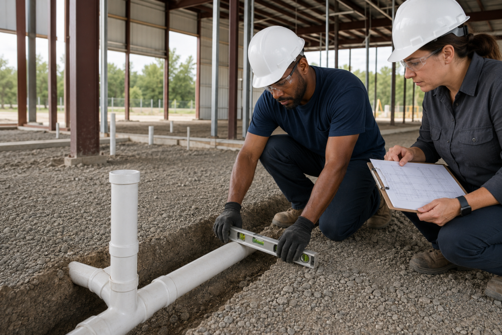 Plumber checking drainage piping before a concrete slab pour while a supervisor reviews construction plans.