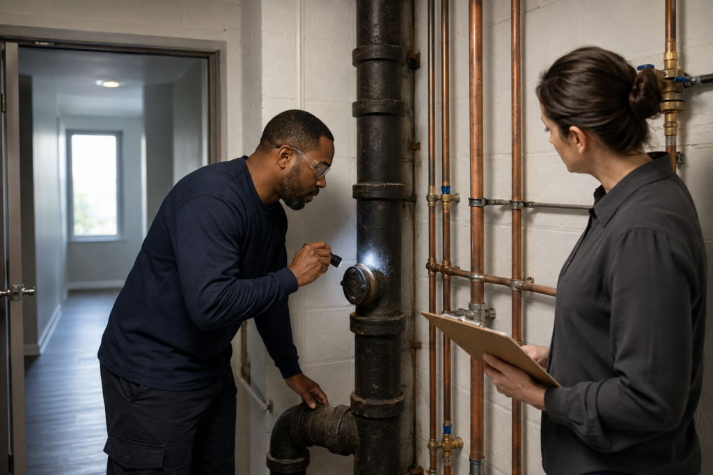 Plumber inspecting a shared drain stack while a property manager observes in an apartment maintenance room.