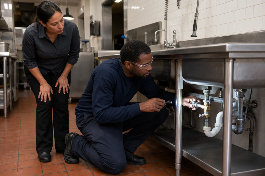 Plumber inspecting connections beneath a commercial kitchen sink while a restaurant manager observes.