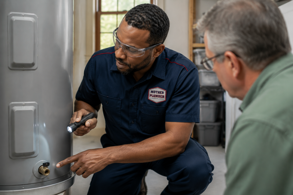 Mother Plumber technician inspecting a water heater drain valve with a homeowner.