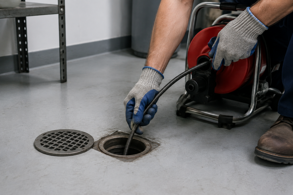 Professional drain-cleaning equipment being used to clean a floor drain