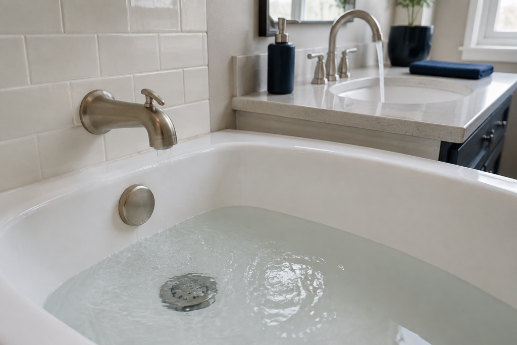 Water backing up into a bathtub while a nearby sink is running