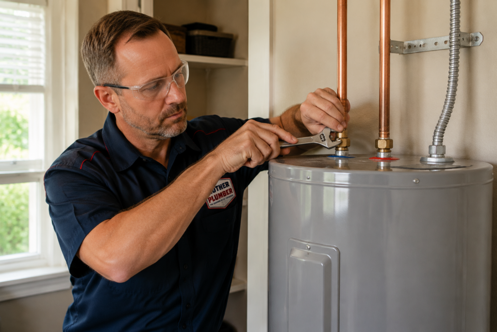 Plumber tightening a copper water connection on a new electric water heater.
