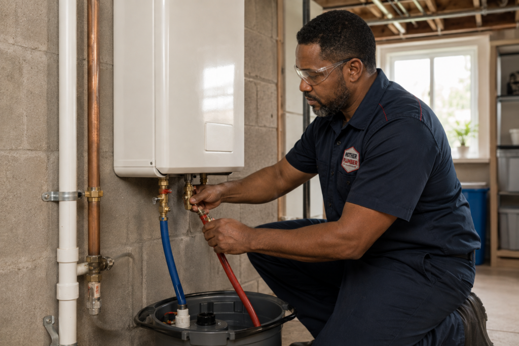 Mother Plumber technician connecting service hoses to a tankless water heater for descaling.