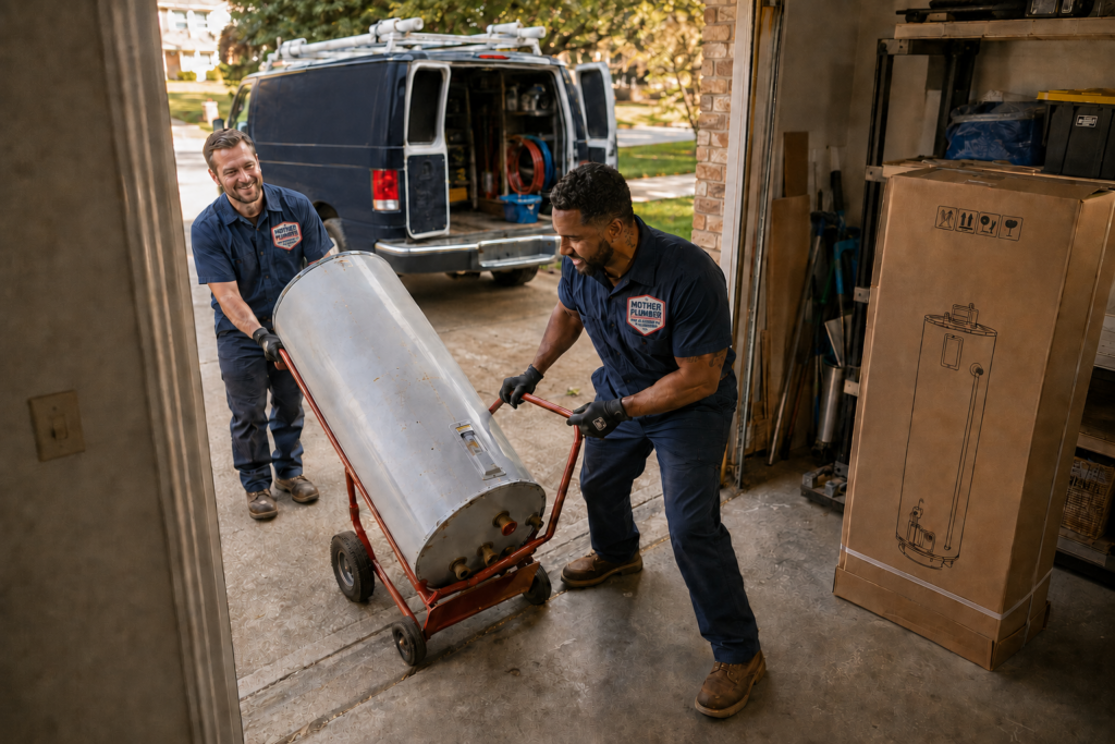 Mother Plumber technicians safely removing a disconnected residential water heater for replacement.
