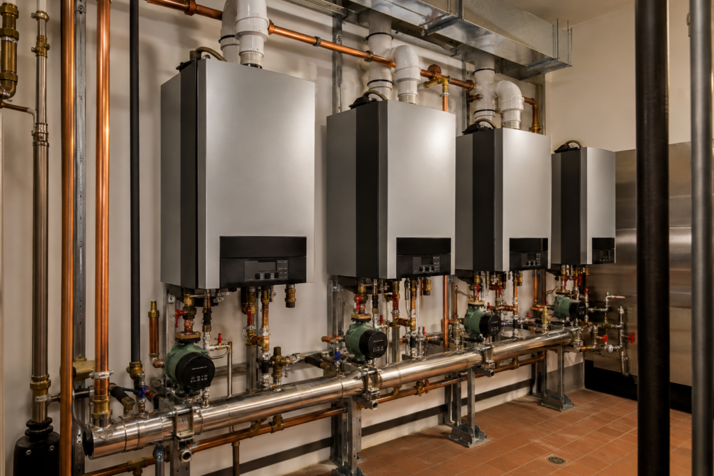 Multiple commercial tankless water heaters connected as a high-capacity cascade system.