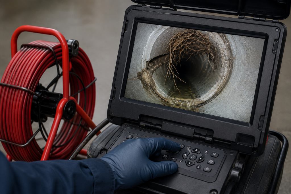 Plumber performing a sewer camera inspection through an exterior cleanout