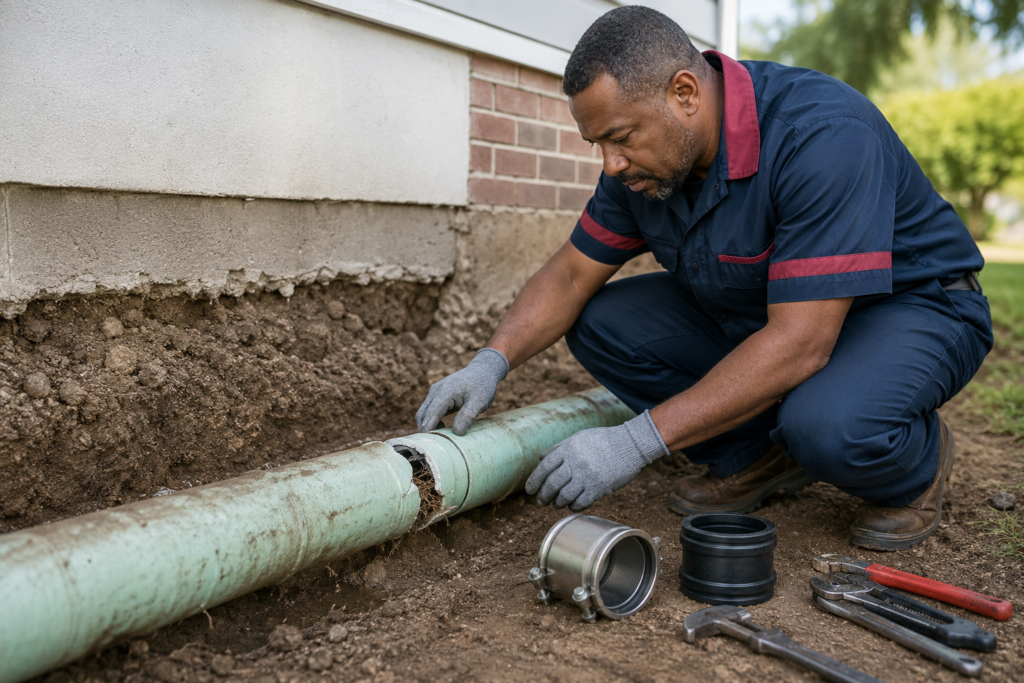 Plumber inspecting a damaged sewer pipe with root intrusion