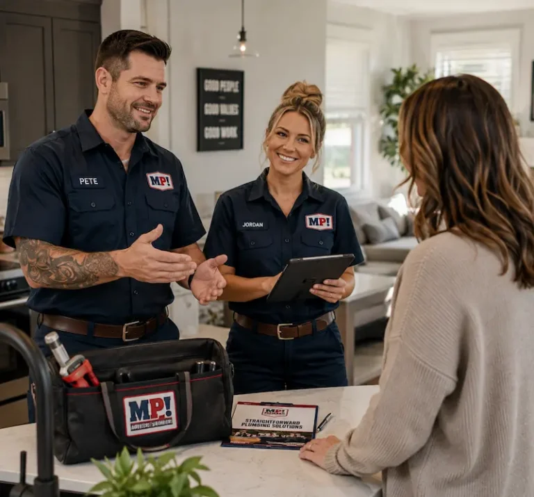 Mother Plumber technicians speaking with a homeowner